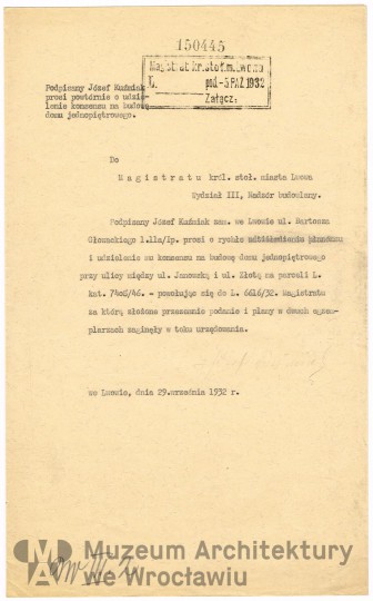 Kuźmiak Józef, Frydecki Andrzej, Józef Kuźmiak’s house in Lviv. Correspondence, 1932.09.29