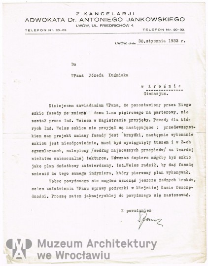 Jankowski Antoni, Frydecki Andrzej, Józef Kuźmiak’s house in Lviv. Correspondence, 1933.01.30