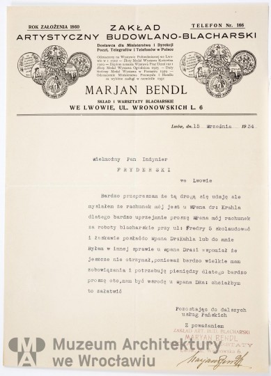 Bendl Marjan, Frydecki Andrzej, Dom czynszowy dra Karola Kuhla. Przebudowa. Korespondencja, 1934.09.15