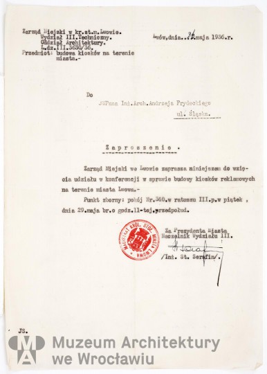 Serafin Stanisław, Kioski reklamowe. Korespondencja, 1936.05.26