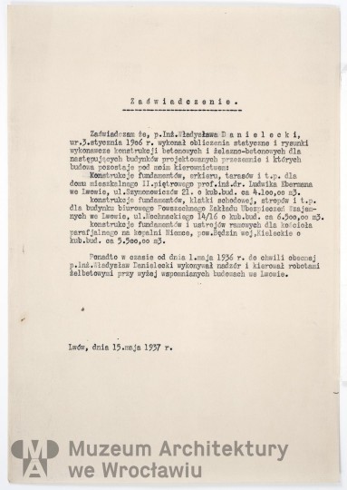 Frydecki Andrzej, Zaświadczenie dotyczące prac wykonanych przez inż. Władysława Danileckiego, 1937.05.15