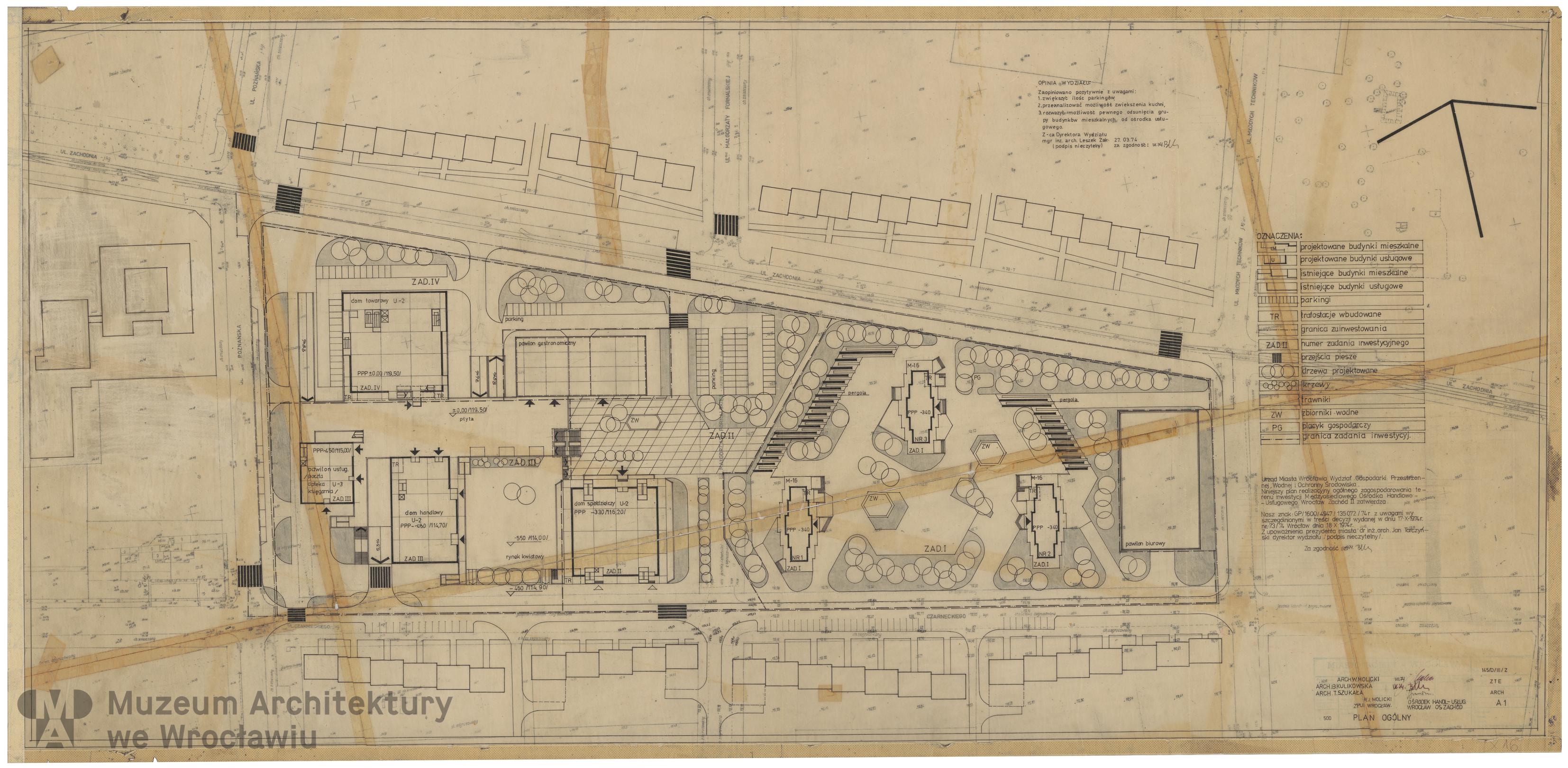 Molicki Witold Jerzy, Kulikowska Barbara, Szukała Tadeusz (Miastoprojekt-Wrocław), Osiedle Wrocław-Zachód. Ośrodek handlowo-usługowy, 1974.07
