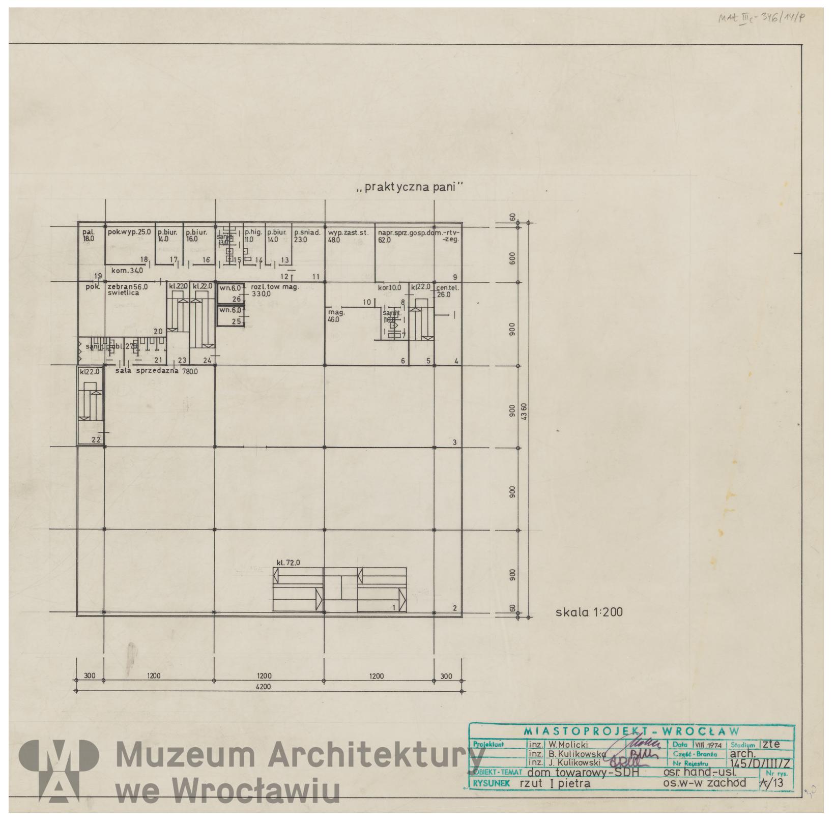 Molicki Witold Jerzy, Kulikowska Barbara, Kulikowski Jan (Miastoprojekt-Wrocław), Osiedle Wrocław-Zachód. Spółdzielczy Dom Handlowy (SDH), 1974.08