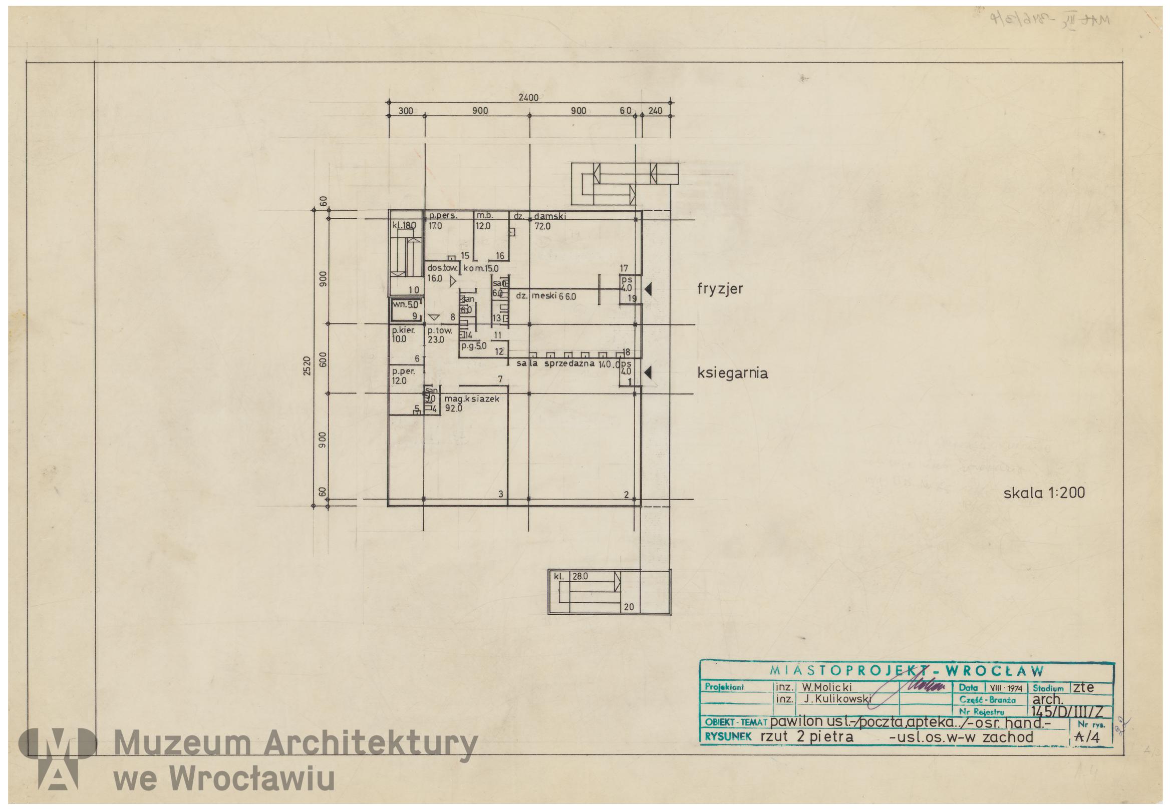 Molicki Witold Jerzy, Kulikowski Jan (Miastoprojekt-Wrocław), Osiedle Wrocław-Zachód. Pawilon usługowy, 1974.08