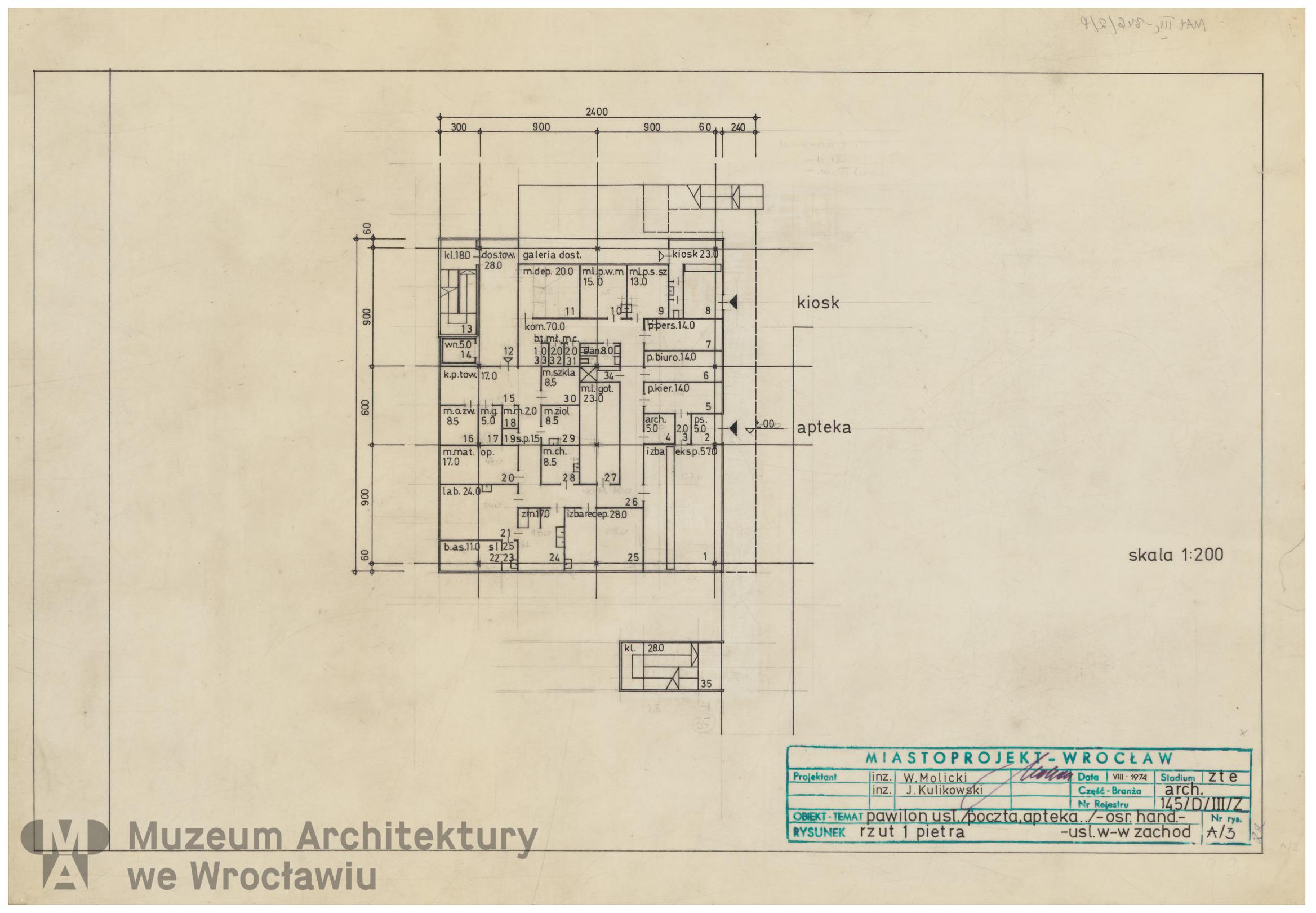 Molicki Witold Jerzy, Kulikowski Jan (Miastoprojekt-Wrocław), Osiedle Wrocław-Zachód. Pawilon usługowy, 1974.08