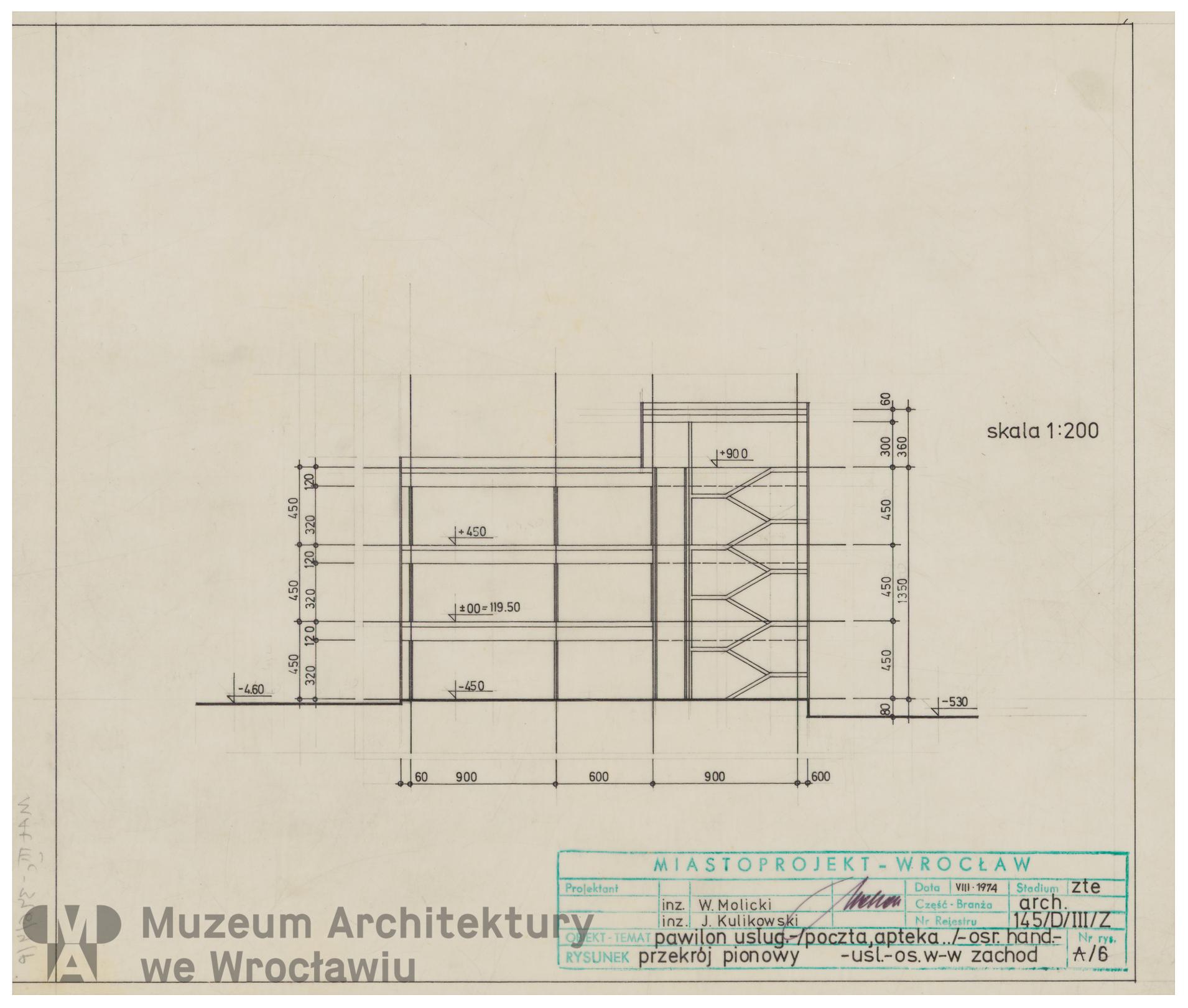 Molicki Witold Jerzy, Kulikowski Jan (Miastoprojekt-Wrocław), Osiedle Wrocław-Zachód. Pawilon usługowy, 1974.08