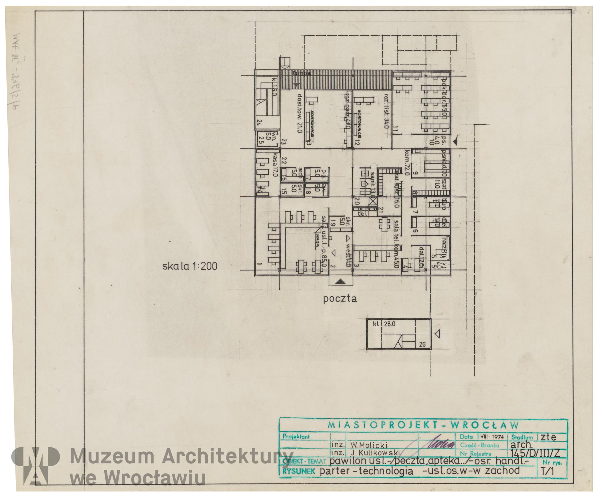 Molicki Witold Jerzy, Kulikowski Jan (Miastoprojekt-Wrocław), Osiedle Wrocław-Zachód. Pawilon usługowy, 1974.08