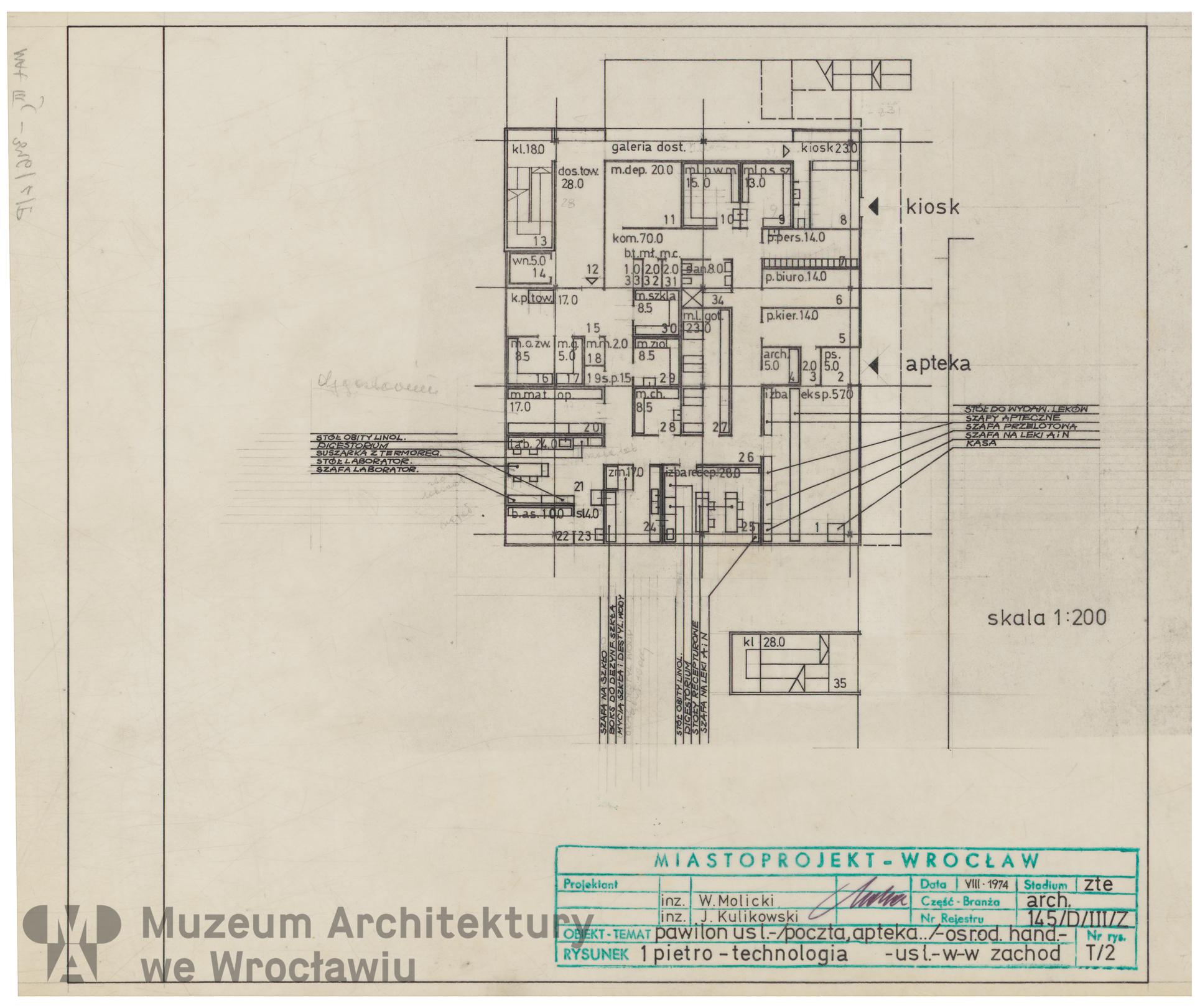 Molicki Witold Jerzy, Kulikowski Jan (Miastoprojekt-Wrocław), Osiedle Wrocław-Zachód. Pawilon usługowy, 1974.08