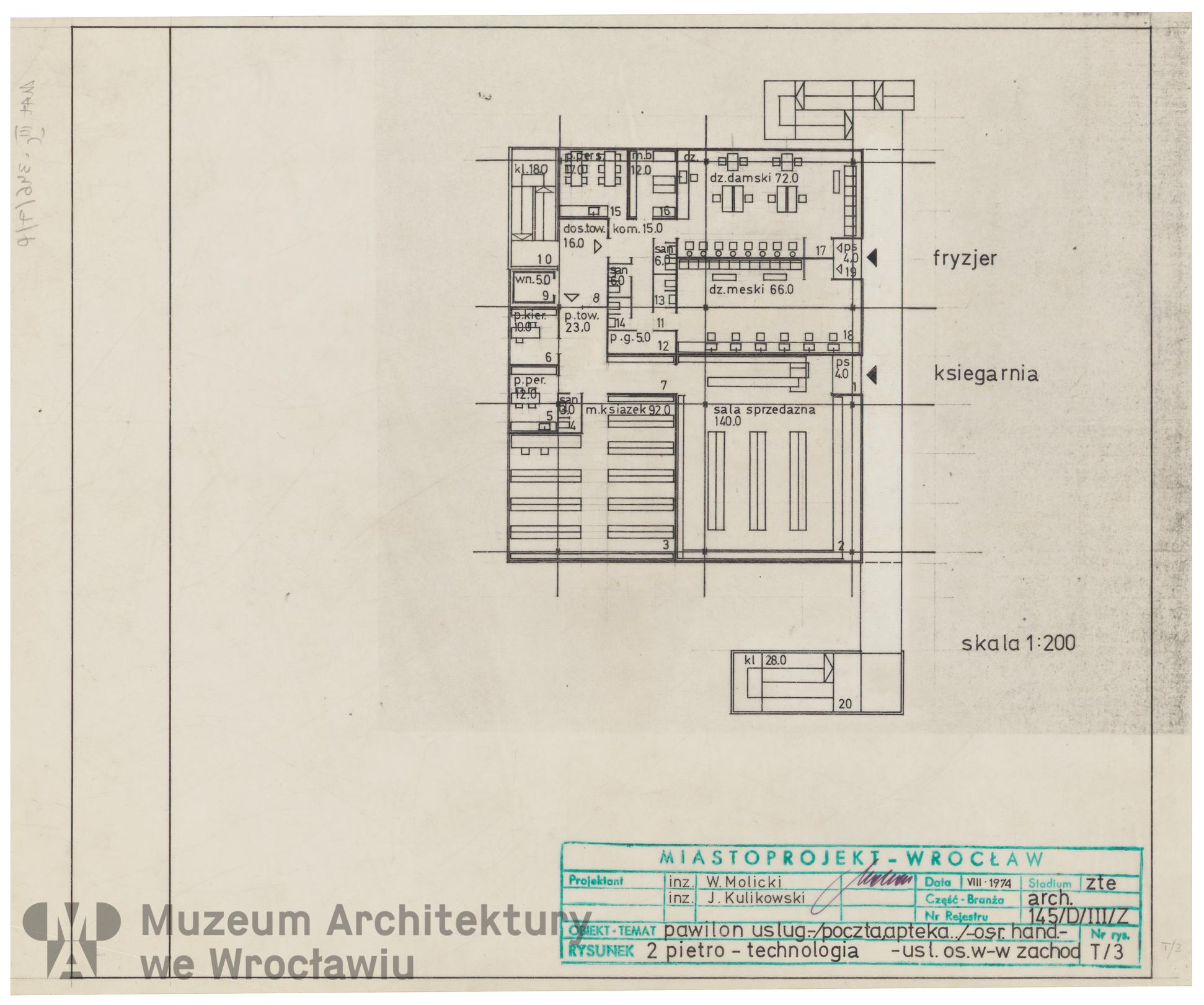 Molicki Witold Jerzy, Kulikowski Jan (Miastoprojekt-Wrocław), Osiedle Wrocław-Zachód. Pawilon usługowy, 1974.08