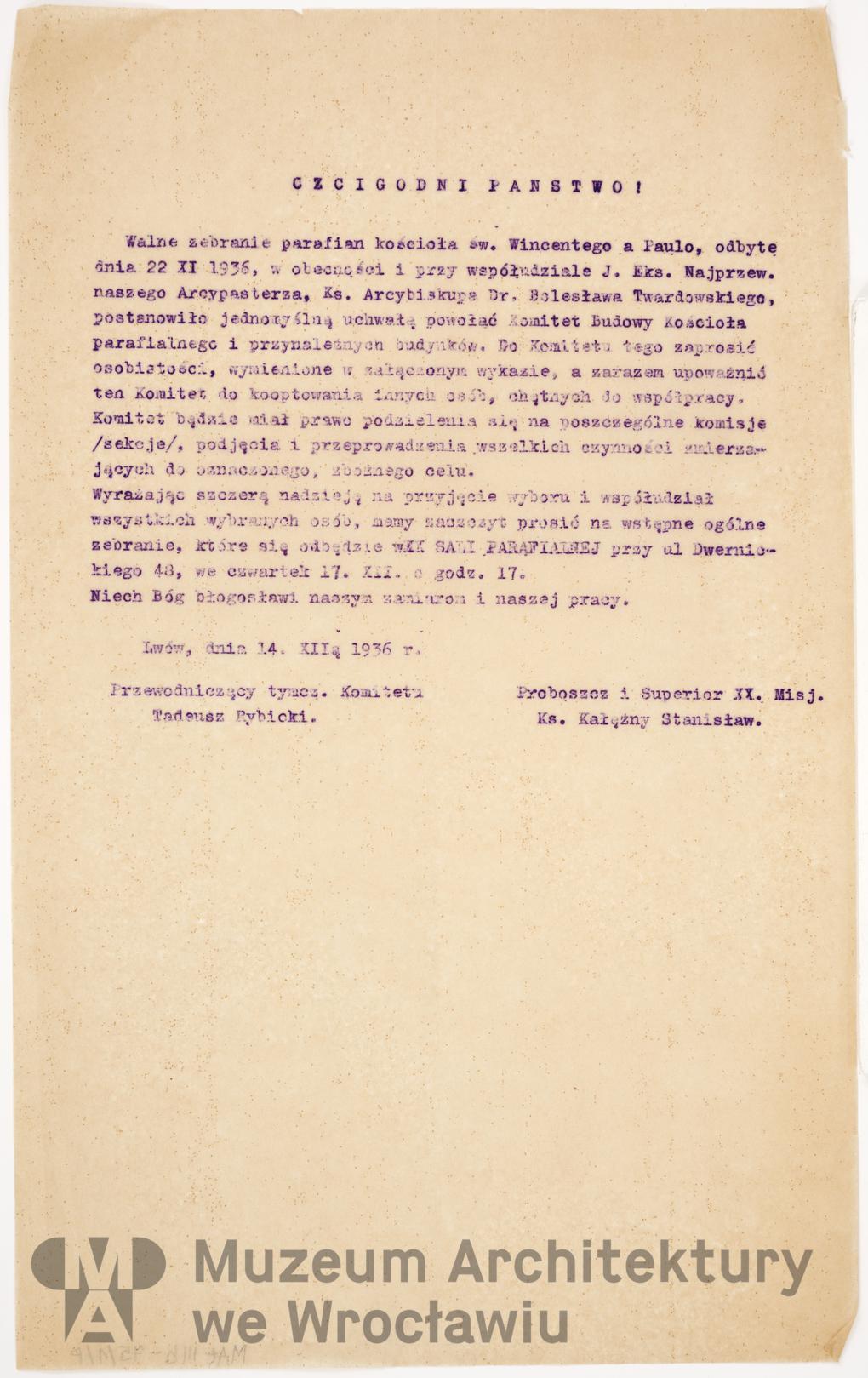 Kałężny Stanisław, Kościół św. Wincentego a Paulo Księży Misjonarzy we Lwowie. Korespondencja, 1936.12.14