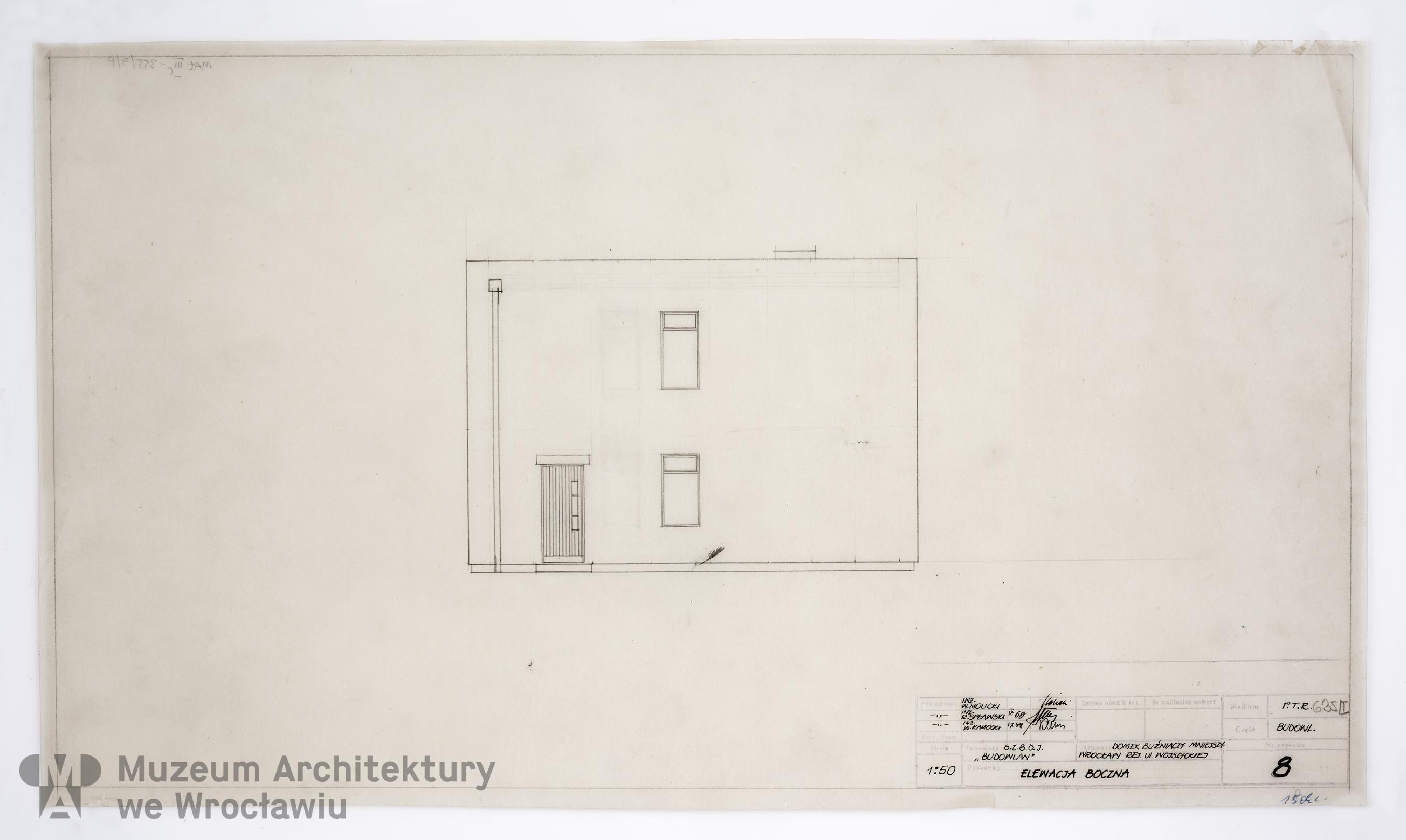 Molicki Witold Jerzy, Spławski Ryszard, Kamocki Wacław (Miastoprojekt-Wrocław), Osiedle Spółdzielni Mieszkaniowej “Budowlani” w rejonie ul. Wojszyckiej we Wrocławiu. Dom bliźniaczy mniejszy, 1968.09